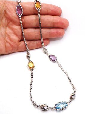 Sterling Silver & 18K Gold Byzantine Gemstone Station Necklace – 20 Inches